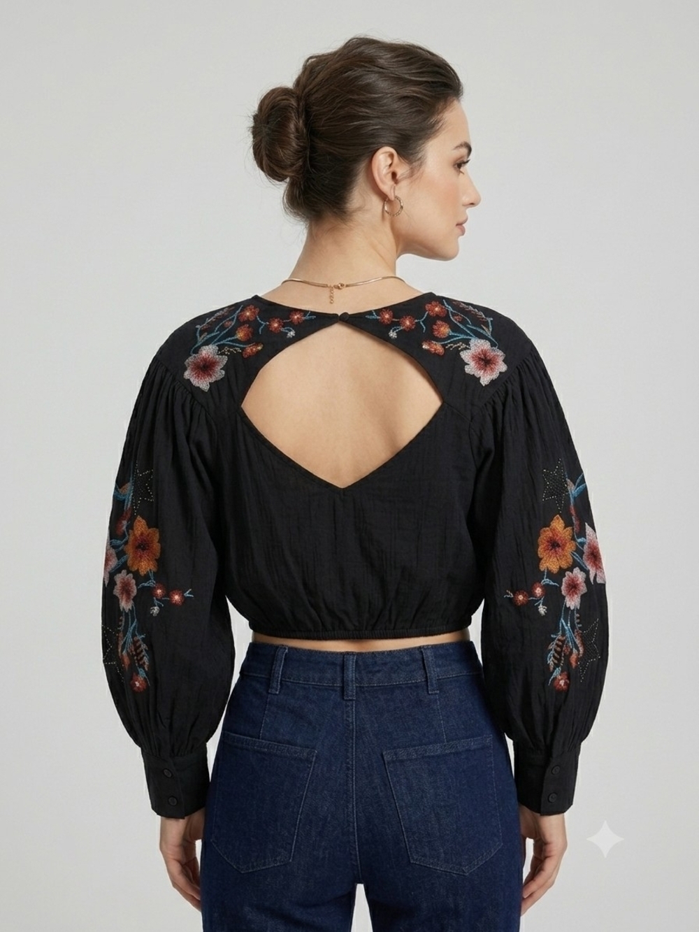 Free People Black Cropped Top Embroidered Floral Bird Detail - Picture 4 of 6